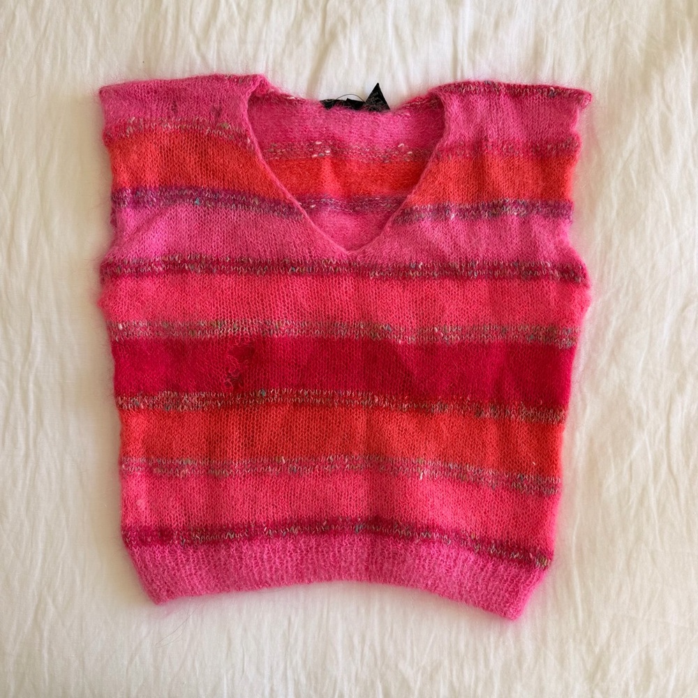 JEANNE PIERRE Hot Pink & Red Striped V-Neck Sweater Vest